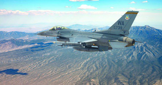 An F-16 Fighting Falcon piloted by Captain Tim “REEF” Joubert, instructor pilot assigned to the 64th Aggressor Squadron, flies over the Nevada Test and Training Range after participating in a Red Flag-Nellis 22-3 mission at Nellis Air Force Base, July 12, 2022. The Nevada Test and Training Range is the U.S. Air Force’s premier military training area with more that 12,000 square miles of air space and 2.9 million acres of land. (U.S. Air Force photo by Senior Airman Zachary Rufus)