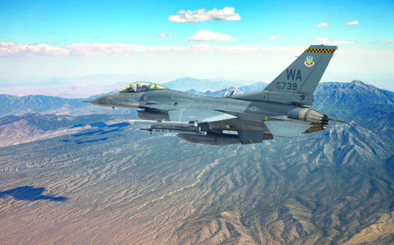 An F-16 Fighting Falcon piloted by Captain Tim “REEF” Joubert, instructor pilot assigned to the 64th Aggressor Squadron, flies over the Nevada Test and Training Range after participating in a Red Flag-Nellis 22-3 mission at Nellis Air Force Base, July 12, 2022. The Nevada Test and Training Range is the U.S. Air Force’s premier military training area with more that 12,000 square miles of air space and 2.9 million acres of land. (U.S. Air Force photo by Senior Airman Zachary Rufus)