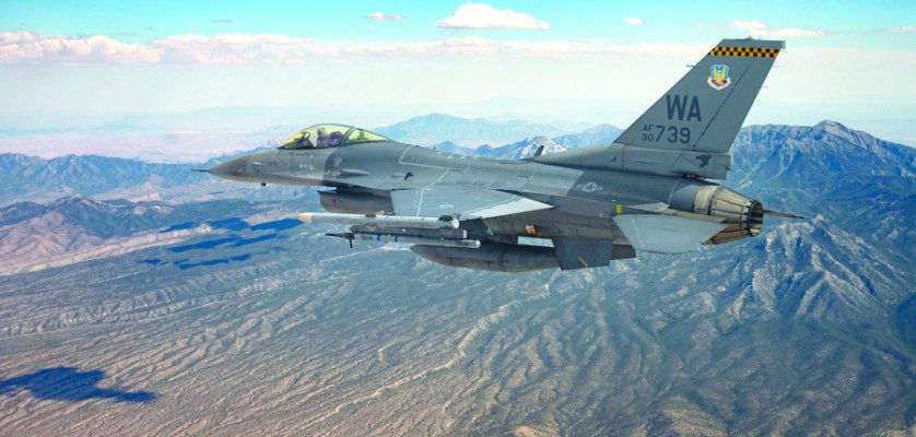 An F-16 Fighting Falcon piloted by Captain Tim “REEF” Joubert, instructor pilot assigned to the 64th Aggressor Squadron, flies over the Nevada Test and Training Range after participating in a Red Flag-Nellis 22-3 mission at Nellis Air Force Base, July 12, 2022. The Nevada Test and Training Range is the U.S. Air Force’s premier military training area with more that 12,000 square miles of air space and 2.9 million acres of land. (U.S. Air Force photo by Senior Airman Zachary Rufus)