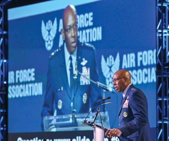 Air Force Chief of Staff Gen. CQ Brown, Jr. delivers his “Accelerate Change to Empowered Airmen” speech during the 2021 Air Force Association Air, Space and Cyber Conference in National Harbor, Md., Sept. 20, 2021. (U.S. Air Force photo by Eric Dietrich)