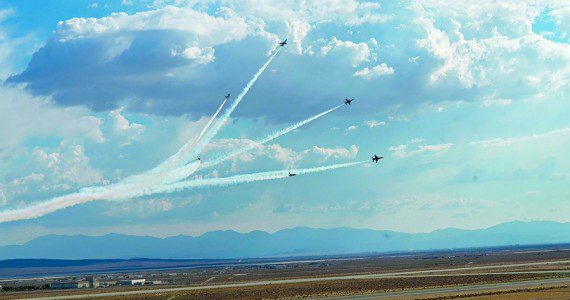 The Thunderbirds, the U.S. Air Force Air Demonstration Squadron, flying their F-16 Fighting Falcon aircraft, perform precision aerial maneuvers during the 2022 Aerospace Valley Open House, Air Show and STEM Expo at Edwards Air Force Base, California on Oct. 14-16.