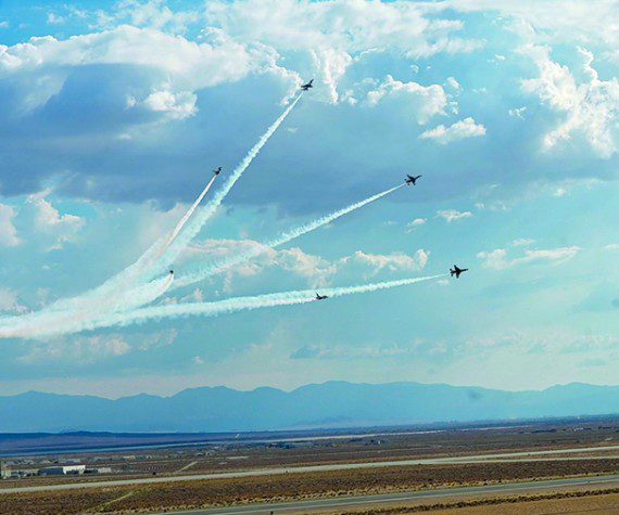 The Thunderbirds, the U.S. Air Force Air Demonstration Squadron, flying their F-16 Fighting Falcon aircraft, perform precision aerial maneuvers during the 2022 Aerospace Valley Open House, Air Show and STEM Expo at Edwards Air Force Base, California on Oct. 14-16.
