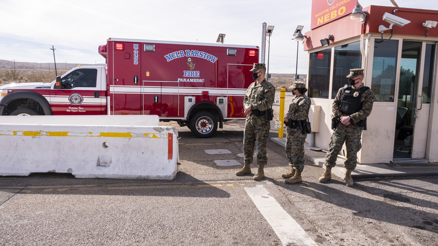 Lance Cpl. Kimberley Mendez, Fuel Clerk; and Military Policeman Lance Cpl. Briar Roberts, staff the commercial gate of the Nebo Annex of Marine Corps Logistics Base Barstow