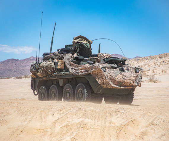 U.S. Army Stryker Armored Combat Vehicle attached to 4th squadron, 3rd Cavalry Regiment moves out to a Tactical Assembly Area during Decisive Action Rotation 22-07 at the National Training Center, Fort Irwin, Calif., May 11, 2022. (Army photograph by Pvt. David Carvajal)