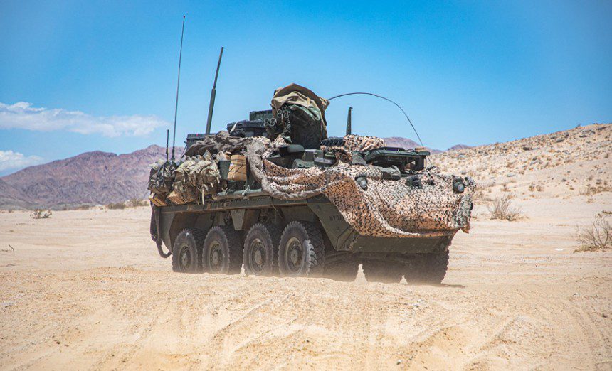 U.S. Army Stryker Armored Combat Vehicle attached to 4th squadron, 3rd Cavalry Regiment moves out to a Tactical Assembly Area during Decisive Action Rotation 22-07 at the National Training Center, Fort Irwin, Calif., May 11, 2022. (Army photograph by Pvt. David Carvajal)
