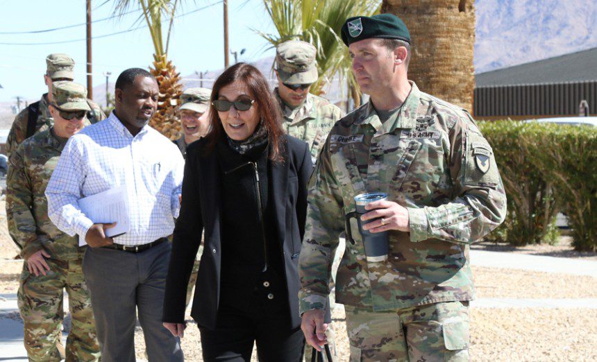 Rachel Jacobson, Assistant Secretary of the U.S. Army for Installations, Energy and Environment, walks around Fort Irwin, Calif., March 7, 2023, with garrison leaders. Jacobson visited Fort Irwin March 6-9 to better understand the needs of the installation.
