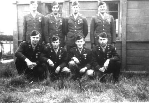 SSgt. Lewis Herron, top left, 350th Bomb Squadron tail gunner, poses with the rest of his crew from the “Heaven Sent” B-17 Flying Fortress, standing from left to right, SSgt. Angelo Cioffi, TSgt. Glenn Smiley, TSgt. Michael Garemko, and kneeling from left to right, 2nd Lt. Gerald Klecker, 1st Lt. Fred Schmidt, 2nd Lt. William Fratus and 1st Lt. Thomas Anderson, during their time stationed with the 100th Bombardment Group at Thorpe Abbots, England, during 1944 and 1945. To this day, the 100th Air Refueling Wing’s KC-135 Stratotankers still carry the Square D designation on their tails, in honor of their heritage with the 100th BG. Photograph courtesy of the 100th Bomb Group Foundation