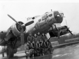 The crew of B-17 Flying Fortress "Heaven Sent" gather for a photograph with their aircraft immediately after landing from a mission over Germany during World War II. Back in 1944, Sept. 11 also brought tragedy when the 100th Bomb Group, from Thorpe Abbots, England, sent up its usual 36 aircraft. Thirteen of those were from the 350th BS; all 13 got shot down. Photograph courtesy of the 100th Bomb Group Foundation