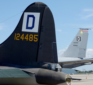 A B-17 Flying Fortress sits alongside a KC-135 Stratotanker assigned to RAF Mildenhall Sept. 24, 2015, at Louis Armstrong New Orleans International Airport in New Orleans, La. The B-17 is a four-engine heavy bomber aircraft developed in the 1930s for the U.S. Army Air Corps. Air Force photograph by SrA. Victoria H. Taylor