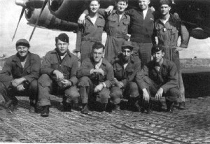 Former SSgt. Lewis Herron, top left, 350th Bomb Squadron tail gunner, poses with the rest of his crew from the “Heaven Sent” B-17 Flying Fortress, standing from left to right, TSgt. Glenn Smiley, 2nd Lt. Gerald Klecker and TSgt. William Jarrell; kneeling left to right, TSgt. Michael Garemko, 1st Lt. Tom Anderson, SSgt. Angelo Cioffi and 1st Lt. Fred Schmidt, during their time stationed at Thorpe Abbots, England, during World War II. The 100th BG became nicknamed “The Bloody Hundredth” after suffering significant losses. Photograph courtesy of the 100th Bomb Group Foundation