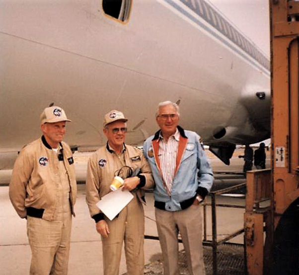 Photograph by Cathy Hansen From left: Gordon Fullerton, Tom McMurtry and Dan Sabovich stand in front of the Convair 990 after delivering it to Mojave Oct. 24, 1996.