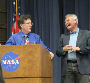 Photograph by Linda KC Reynolds Sean McMorrow, Director of Mission Systems Directorate, shares a few stories about working with Albion Bowers, NASA Armstrong’s chief scientist, during Bowers’ retirement reception. Among Bowers’ many accomplishments, working and mentoring students was one of his most treasured experiences.