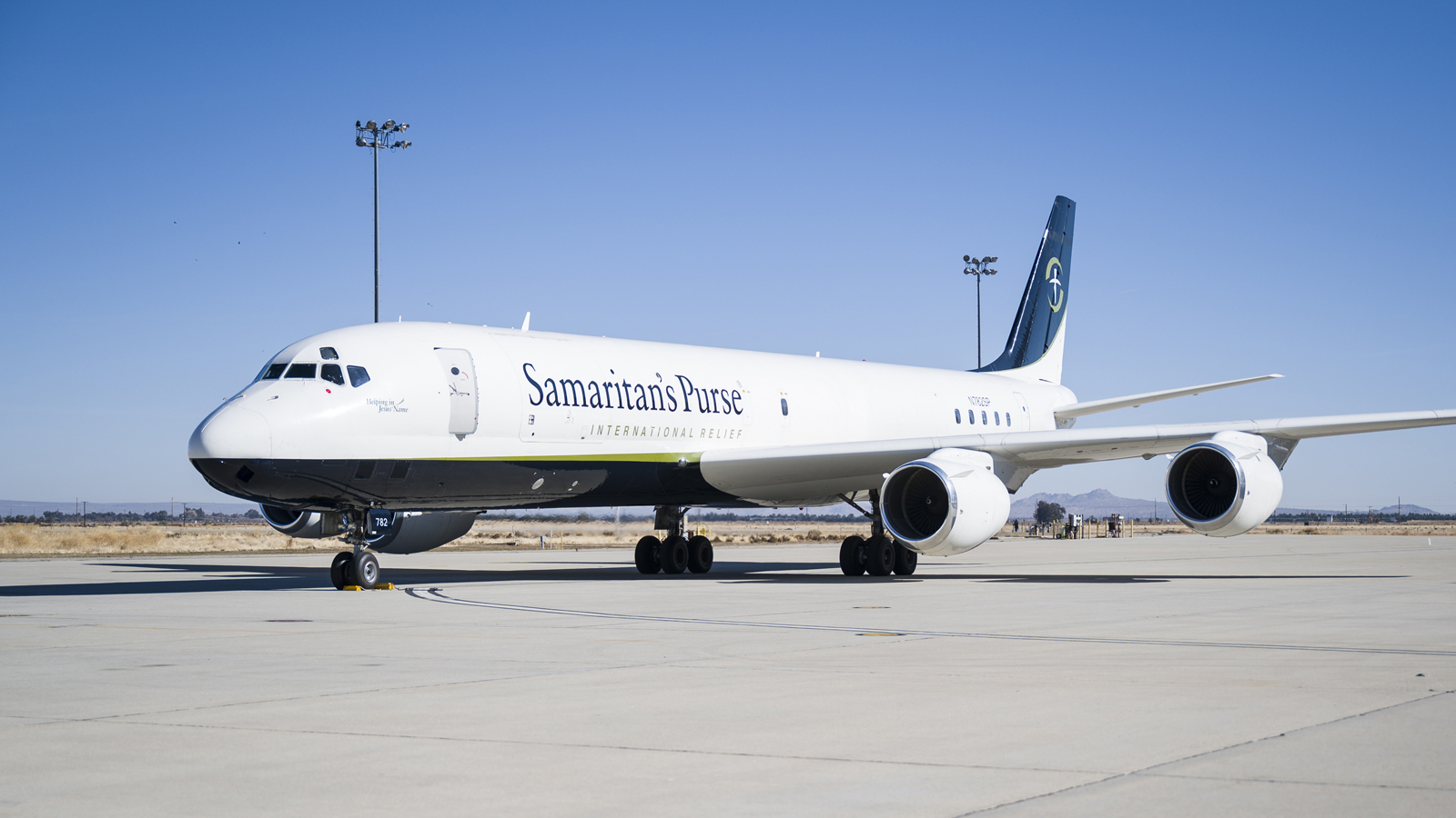 A Samaritan’s Purse DC-8 taxis into NASA Armstrong Flight Research Center