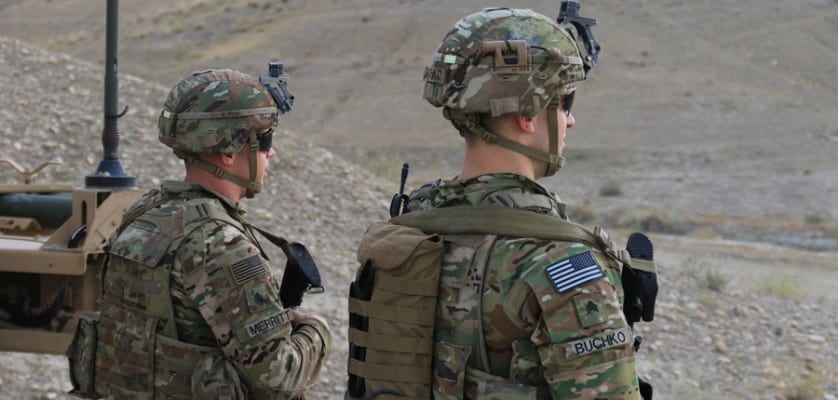 Raider Brigade soldiers from 2nd Battalion, 23rd Infantry Regiment, 1st Stryker Brigade Combat Team, 4th Infantry Division, provide security near their armored vehicle in Afghanistan, September 21, 2018. Soldiers often provide security as coalition partners advise and train the Afghan National Army. Army photograph by Spec. Christopher Bouchard