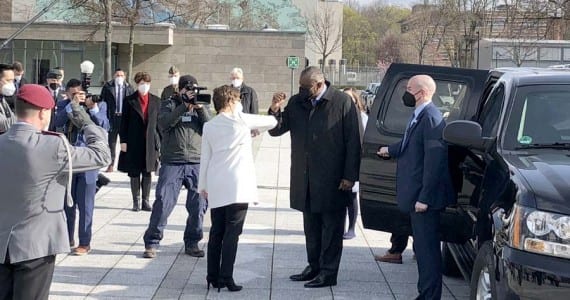 Secretary of Defense Lloyd J. Austin III greets German Defense Minister Annegret Kramp-Karrenbauer at the Defense Ministry in Berlin, April 13, 2021. DOD photograph by Jim Garamone