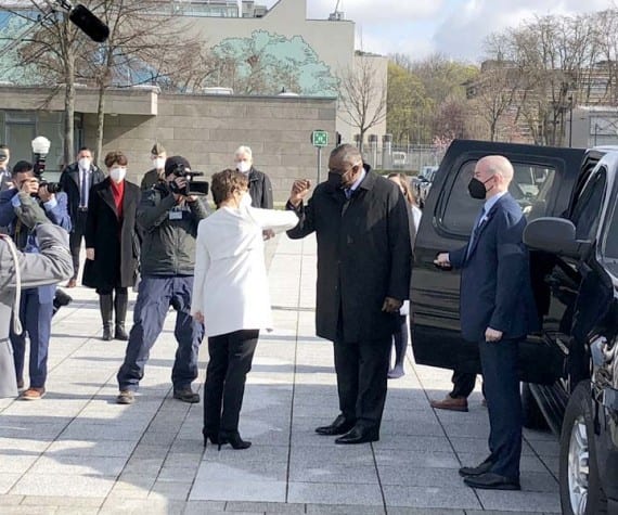 Secretary of Defense Lloyd J. Austin III greets German Defense Minister Annegret Kramp-Karrenbauer at the Defense Ministry in Berlin, April 13, 2021. DOD photograph by Jim Garamone