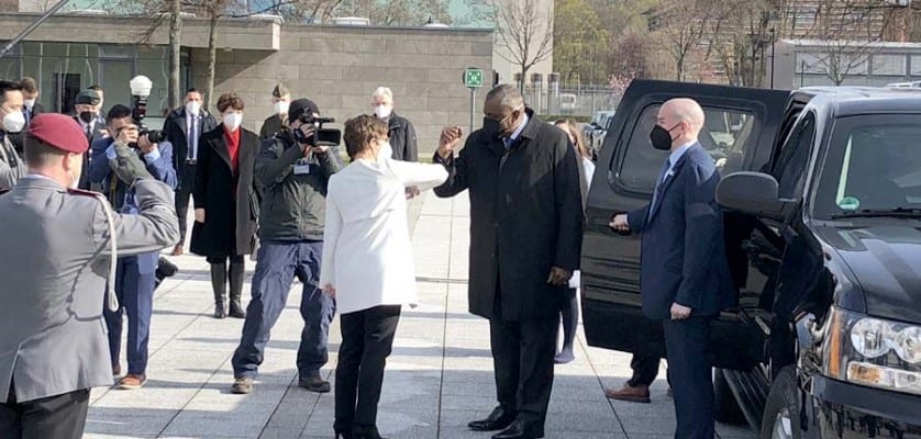 Secretary of Defense Lloyd J. Austin III greets German Defense Minister Annegret Kramp-Karrenbauer at the Defense Ministry in Berlin, April 13, 2021. DOD photograph by Jim Garamone