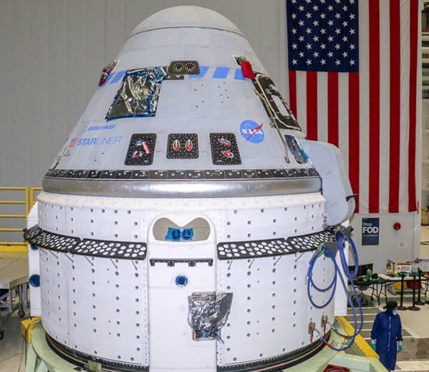 Technicians prepare Boeing’s CST-100 Starliner for the company’s Orbital Flight Test-2 (OFT-2) in the Commercial Crew and Cargo Processing Facility at NASA’s Kennedy Space Center in Florida on June 2, 2021. Part of the agency’s Commercial Crew Program, OFT-2 is a critical developmental milestone on the company’s path to fly crew missions for NASA. (Boeing photograph)