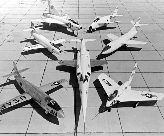 This 1953 photo shows some of the research aircraft at the NACA High-Speed Flight Research Station (now known as NASA Armstrong Flight Research Center in California). The photo shows the X-3 (center) and clockwise from left the X-1A (Air Force No. 48-1384), the third D-558-1 (NACA No. 142), the XF-92A, the X-5, the D-558-2, and the X-4. (NASA photograph)