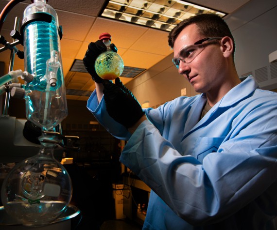 Cadet Zachary Auleciems performs research on chemicals in one of the labs in Gregory Hall at the U.S. Air Force Academy, Colorado Springs, Colo., Oct. 26, 2021. | Air Force photograph by Trevor Cokley