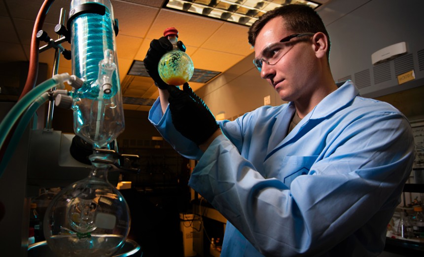 Cadet Zachary Auleciems performs research on chemicals in one of the labs in Gregory Hall at the U.S. Air Force Academy, Colorado Springs, Colo., Oct. 26, 2021. | Air Force photograph by Trevor Cokley