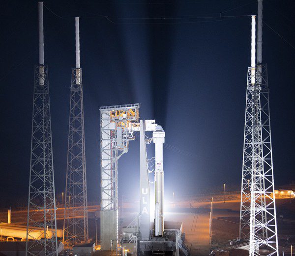 A United Launch Alliance Atlas V rocket with Boeing’s CST-100 Starliner spacecraft aboard is seen illuminated by spotlights on the launch pad at Space Launch Complex 41 ahead of the Orbital Flight Test-2 mission, Wednesday, May 18, 2022 at Cape Canaveral Space Force Station in Florida. Boeing’s Orbital Flight Test-2 will be Starliner’s second uncrewed flight test and will dock to the International Space Station as part of NASA's Commercial Crew Program. The mission, currently targeted for launch on 6:54 p.m. ET on May 19, will serve as an end-to-end test of the system's capabilities. Photo Credit: (NASA/Joel Kowsky)