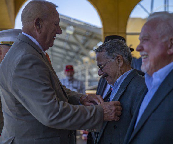 John Ligato III, a Marine veteran who served with Alpha Company, First Battalion, First Marine Division, receives the Bronze Star Medal at Marine Corps Recruit Depot San Diego, June 24, 2022. Ligato and two other veterans were recognized 54 years after their valiant actions in the Vietnam War.
