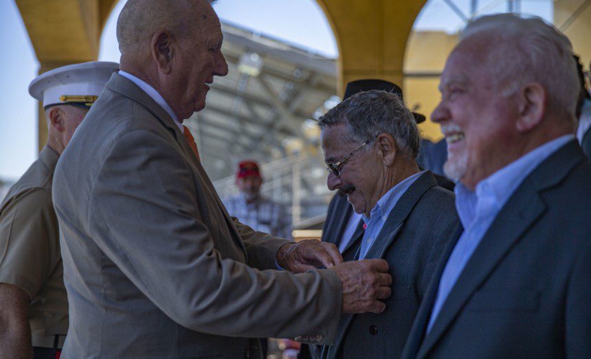 John Ligato III, a Marine veteran who served with Alpha Company, First Battalion, First Marine Division, receives the Bronze Star Medal at Marine Corps Recruit Depot San Diego, June 24, 2022. Ligato and two other veterans were recognized 54 years after their valiant actions in the Vietnam War.

