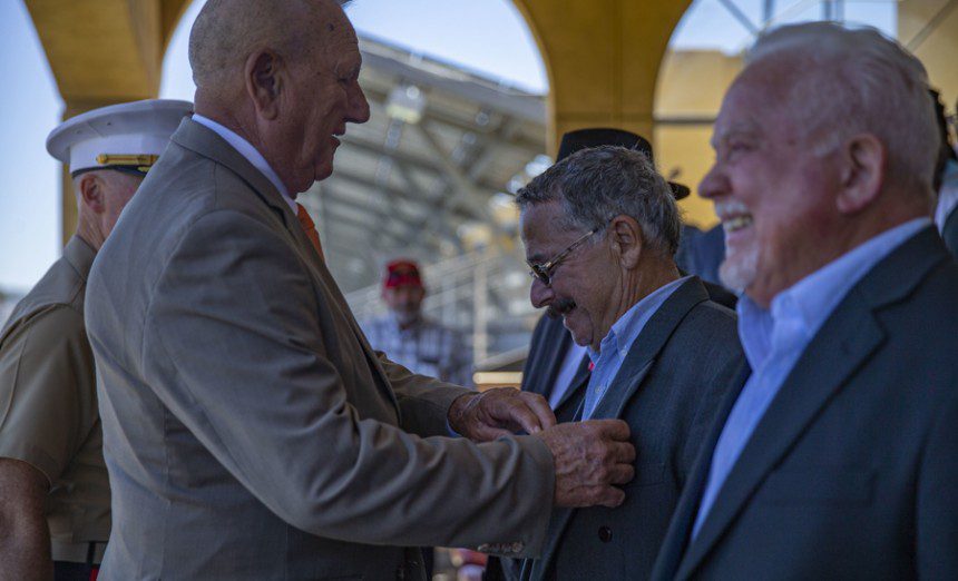 John Ligato III, a Marine veteran who served with Alpha Company, First Battalion, First Marine Division, receives the Bronze Star Medal at Marine Corps Recruit Depot San Diego, June 24, 2022. Ligato and two other veterans were recognized 54 years after their valiant actions in the Vietnam War.
