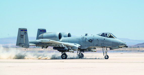 An A-10 Thunderbolt II, assigned to the 355th Wing, out of Davis-Monthan Air Force Base, Ariz., takes off from Rogers Dry Lake during an Agile Combat Employment Exercise on Edwards Air Force Base, Calif., June 27, 2022. The training featured Airmen from the 821st Contingency Response Squadron, out of Travis Air Force Base, Calif., and the 412th Operations Support Squadron based at Edwards AFB. (Air Force photographs by Giancarlo Casem)
