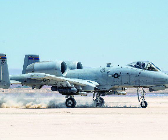 An A-10 Thunderbolt II, assigned to the 355th Wing, out of Davis-Monthan Air Force Base, Ariz., takes off from Rogers Dry Lake during an Agile Combat Employment Exercise on Edwards Air Force Base, Calif., June 27, 2022. The training featured Airmen from the 821st Contingency Response Squadron, out of Travis Air Force Base, Calif., and the 412th Operations Support Squadron based at Edwards AFB. (Air Force photographs by Giancarlo Casem)