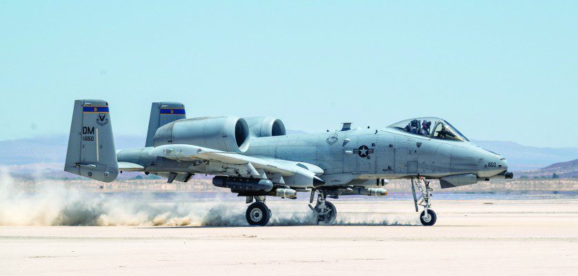An A-10 Thunderbolt II, assigned to the 355th Wing, out of Davis-Monthan Air Force Base, Ariz., takes off from Rogers Dry Lake during an Agile Combat Employment Exercise on Edwards Air Force Base, Calif., June 27, 2022. The training featured Airmen from the 821st Contingency Response Squadron, out of Travis Air Force Base, Calif., and the 412th Operations Support Squadron based at Edwards AFB. (Air Force photographs by Giancarlo Casem)