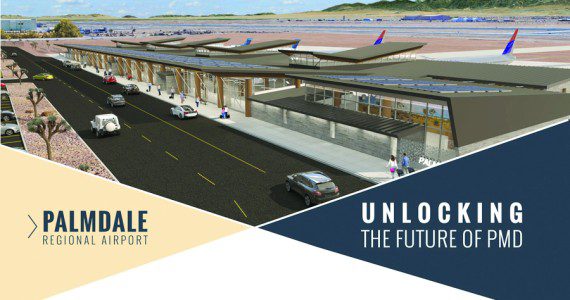 An artists’ impression of the proposed new airport terminal at Air Force Plant 42 in Palmdale, Calif. Right: An aerial view of Air Force Plant 42.