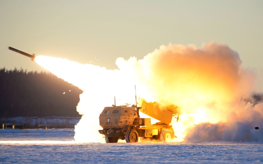 A U.S. Army M142 High Mobility Artillery Rocket Systems (HIMARS) launches ordnance during RED FLAG-Alaska 21-1 at Fort Greely, Alaska, Oct. 22, 2020. This exercise focuses on rapid infiltration and exfiltration to minimize the chance of a counterattack. (U.S. Air Force photo by Senior Airman Beaux Hebert)