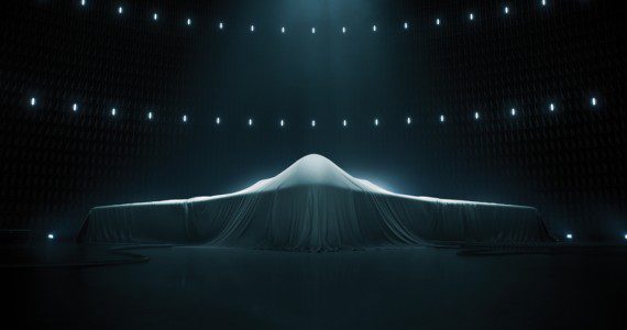 The Northrop Grumman B-21 Raider stands ready to be unveiled at 5 p.m., Friday, Dec. 2, 2022. (Northrop Grumman photograph)