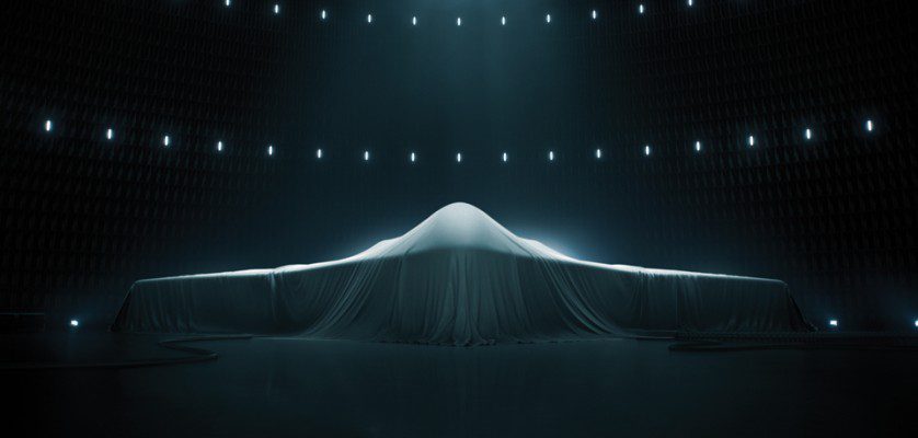 The Northrop Grumman B-21 Raider stands ready to be unveiled at 5 p.m., Friday, Dec. 2, 2022. (Northrop Grumman photograph)