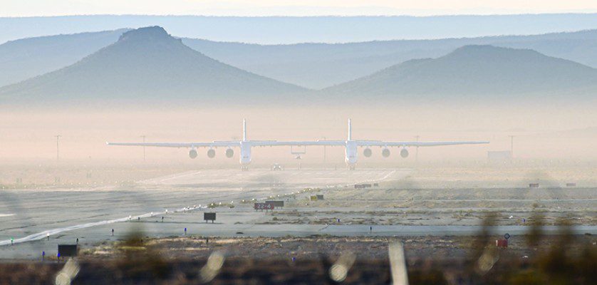 Stratolaunch’s Roc aircraft readies for takeoff at the Mojave Air and Space Port, Oct. 28, 2022. This was the aircraft’s eighth test flight, and first captive-carry flight with the Talon A mockup attached. (Photograph by Issei Kobayashi)