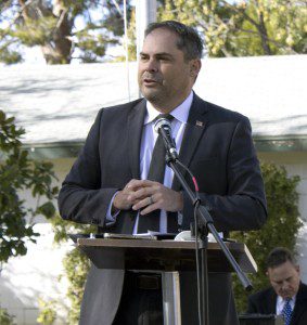 U.S. Rep. Mike Garcia, R-Santa Clarita, who served as a Navy fighter pilot during the Iraq War, was the guest speaker at the Lancaster Cemetery Veterans Day remembrance Nov. 11, 2022. “As veterans and family members of vets, our new mission is to instill in the younger and future generations a sense of pride in our nation, and desire to serve our nation.” (Photograph by Adrienne King)
