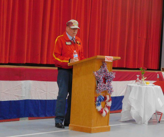 Key note speaker was Bob Stambovsky, a former Marine pilot, was the keynote speaker at the Mojave Veterans Day ceremony, Nov. 11, 2022. Stambovsky took the opportunity to reach out to students to inspire them, and look to education as the keys for a successful life. (Photograph by Bob Alvis)
