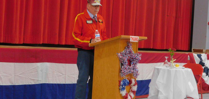 Key note speaker was Bob Stambovsky, a former Marine pilot, was the keynote speaker at the Mojave Veterans Day ceremony, Nov. 11, 2022. Stambovsky took the opportunity to reach out to students to inspire them, and look to education as the keys for a successful life. (Photograph by Bob Alvis)