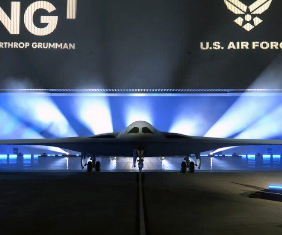 The B-21 Raider is unveiled and rolled out during a Dec. 2, 2022, ceremony at the Northrop Grumman facility, Air Force Plant 42, Palmdale, Calif.