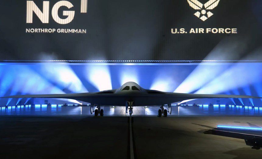 The B-21 Raider is unveiled and rolled out during a Dec. 2, 2022, ceremony at the Northrop Grumman facility, Air Force Plant 42, Palmdale, Calif.