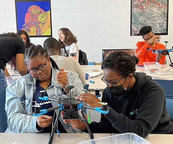MUREP PSI students constructing a drone during Fayetteville State University’s 2022 summer residential experience. (NASA photograph)