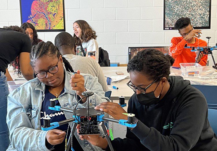 MUREP PSI students constructing a drone during Fayetteville State University’s 2022 summer residential experience. (NASA photograph)