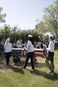 Antelope Valley Blue Star Mothers place the military service wreaths on a memorial casket at the Lancaster Cemetery annual Memorial Day Remembrance Ceremony on May 29, 2023.