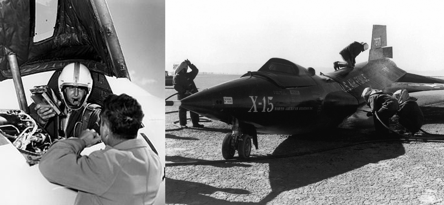 Split black and white image, on the right an image of Scott Crossfield in the cockpit. Then stationed B-52 carrier.