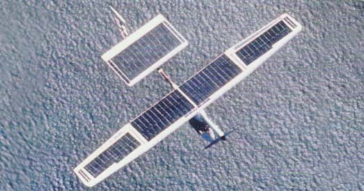 Color image of Solar Challenger in flight over a body of water