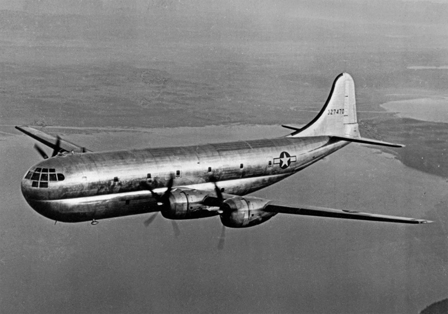 A black and white image of a Stratofreighters in flight