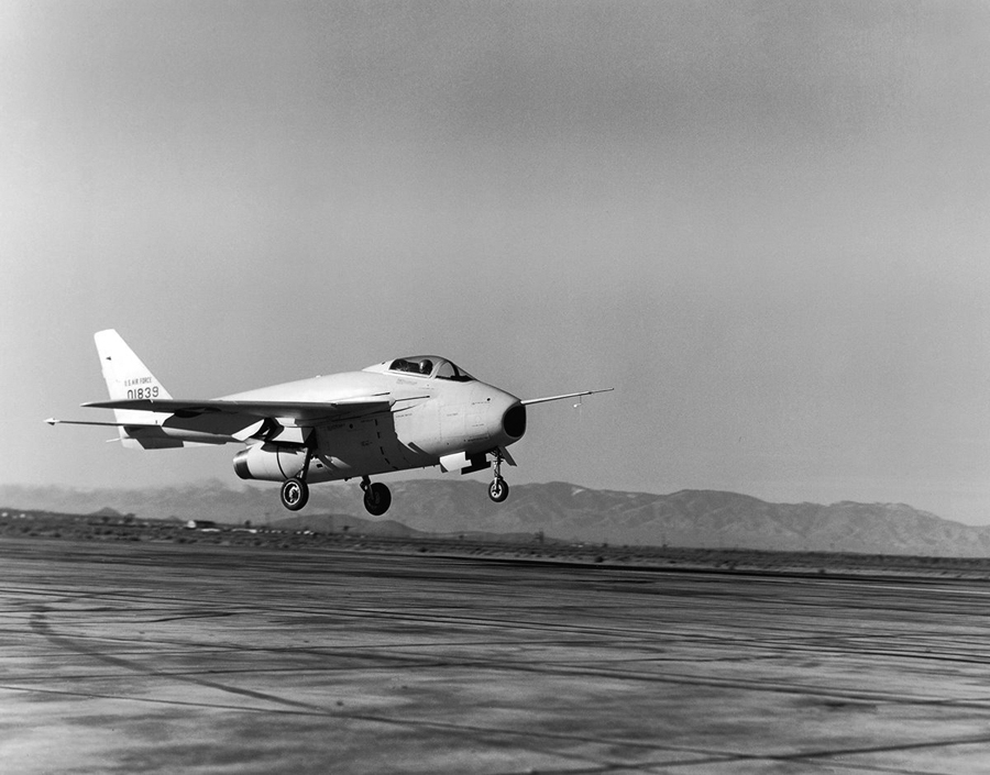 A black and white image of a Bell X-5 landing