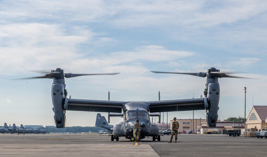 A CV-22 Osprey from the 21st Special Operations Squadron prepares to take off in support of exercise Resolute Dragon 22 at Yokota Air Base, Japan, Oct. 11, 2022. Resolute Dragon 22 is an annual bilateral exercise designed to strengthen the defensive capabilities of the U.S.-Japan Alliance by exercising integrated command and control, targeting, combined arms, and maneuver across multiple domains. (U.S. Air Force photo by Staff Sgt. Jessica Avallone)